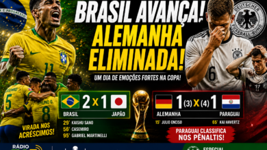 Arte da Rádio 365 destaca a vitória do Brasil por 2 a 1 sobre o Japão e a eliminação da Alemanha para o Paraguai nos pênaltis, em um dos dias mais emocionantes da Copa do Mundo de 2026.