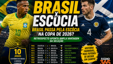Arte da Rádio 365 destaca o confronto entre Brasil e Escócia na Copa do Mundo de 2026 e o retrospecto favorável da Seleção Brasileira.