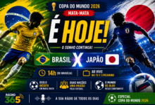 Arte da Rádio 365 anuncia o confronto entre Brasil e Japão pela fase de mata-mata da Copa do Mundo de 2026, destacando a data, o horário da partida e a expectativa para o duelo decisivo.