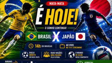Arte da Rádio 365 anuncia o confronto entre Brasil e Japão pela fase de mata-mata da Copa do Mundo de 2026, destacando a data, o horário da partida e a expectativa para o duelo decisivo.
