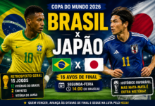 Arte da Rádio 365 destaca o confronto entre Brasil e Japão pela primeira fase do mata-mata da Copa do Mundo de 2026, com o retrospecto histórico entre as seleções, data e horário da partida.