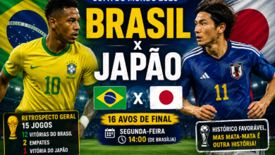 Arte da Rádio 365 destaca o confronto entre Brasil e Japão pela primeira fase do mata-mata da Copa do Mundo de 2026, com o retrospecto histórico entre as seleções, data e horário da partida.