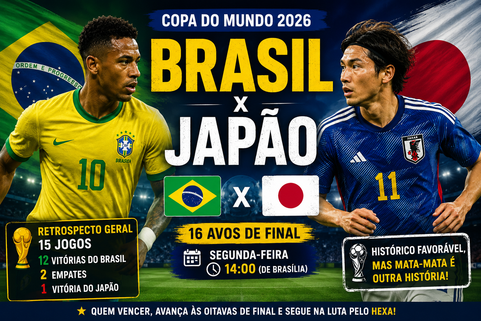 Arte da Rádio 365 destaca o confronto entre Brasil e Japão pela primeira fase do mata-mata da Copa do Mundo de 2026, com o retrospecto histórico entre as seleções, data e horário da partida.
