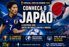 Arte editorial da Rádio 365 destacando a Seleção Japonesa, conhecida como Samurais Azuis, antes do confronto contra o Brasil na fase de mata-mata da Copa do Mundo de 2026.