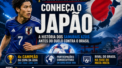 Arte editorial da Rádio 365 destacando a Seleção Japonesa, conhecida como Samurais Azuis, antes do confronto contra o Brasil na fase de mata-mata da Copa do Mundo de 2026.