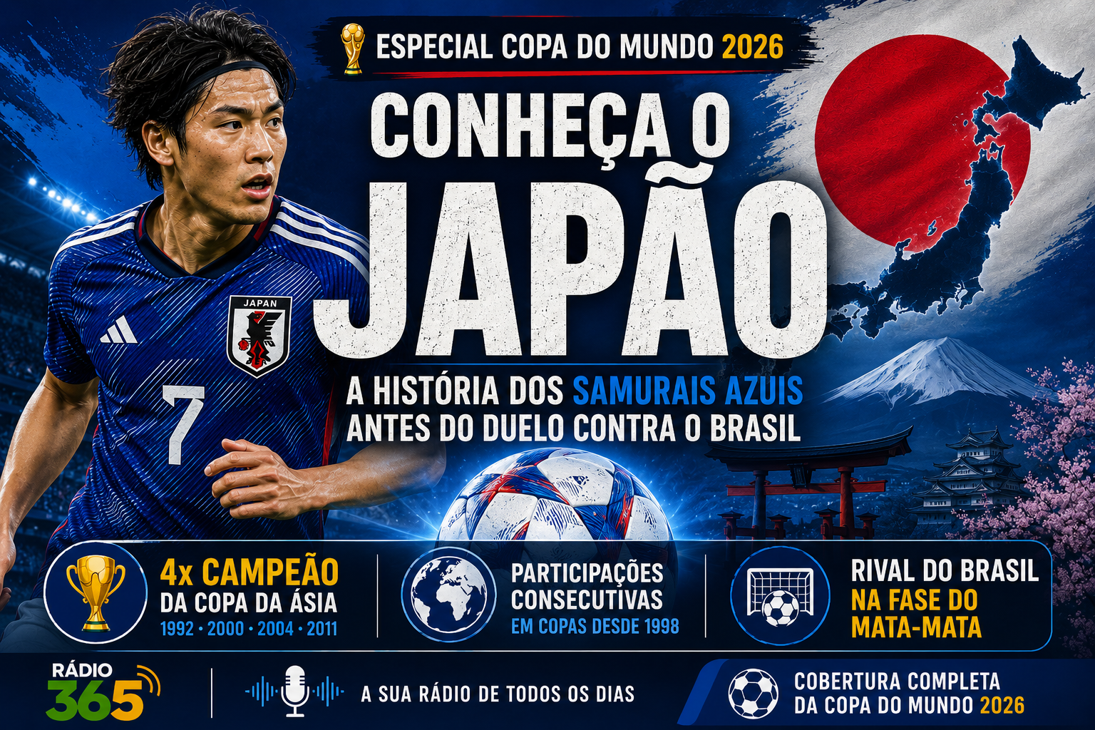 Arte editorial da Rádio 365 destacando a Seleção Japonesa, conhecida como Samurais Azuis, antes do confronto contra o Brasil na fase de mata-mata da Copa do Mundo de 2026.