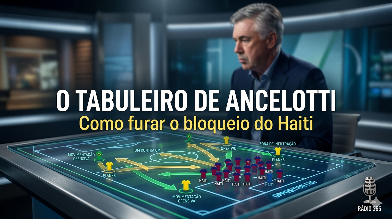 Imagem em perspectiva de uma mesa tática digital luminosa em um estúdio esportivo. A tela mostra o desenho tático de um campo de futebol com setas verdes e amarelas de movimentação ofensiva e uma defesa compactada em vermelho representando o Haiti. Ao fundo, o técnico Carlo Ancelotti observa a mesa pensativo.