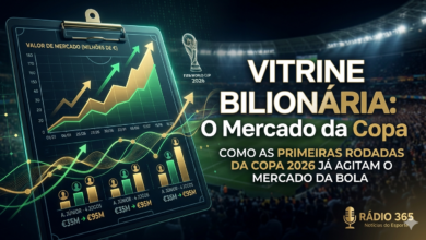 Imagem conceitual em alta definição mostrando uma prancheta tática eletrônica em primeiro plano com um gráfico financeiro ascendente em linhas verdes brilhantes. Ao fundo, a silhueta desfocada de um estádio de futebol lotado sob as luzes dos refletores durante a Copa do Mundo.
