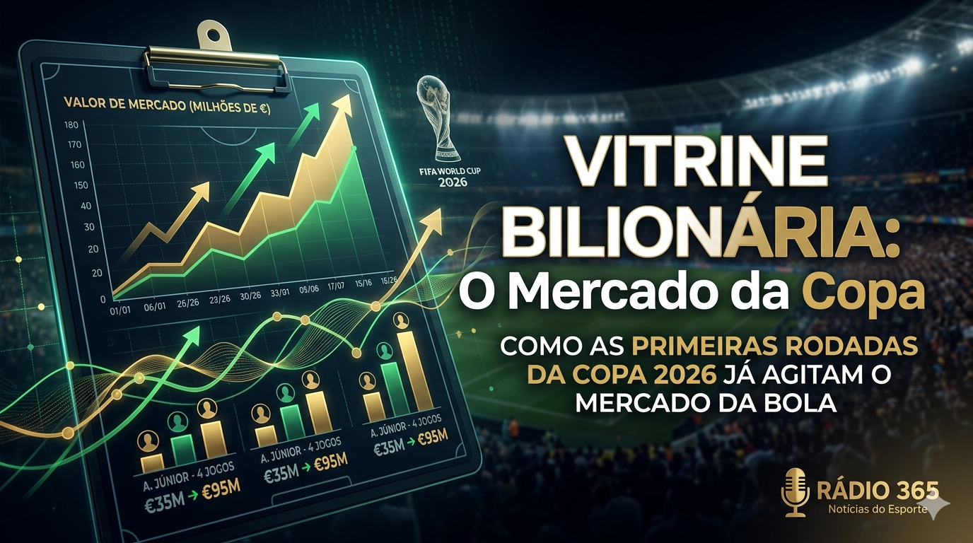 Imagem conceitual em alta definição mostrando uma prancheta tática eletrônica em primeiro plano com um gráfico financeiro ascendente em linhas verdes brilhantes. Ao fundo, a silhueta desfocada de um estádio de futebol lotado sob as luzes dos refletores durante a Copa do Mundo.