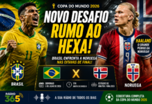 Arte da Rádio 365 destaca o confronto entre Brasil e Noruega pelas oitavas de final da Copa do Mundo de 2026, com destaque para Erling Haaland como principal ameaça à Seleção Brasileira.