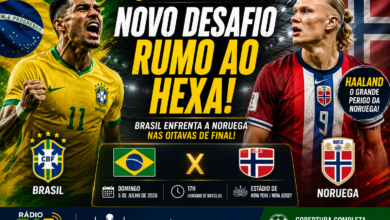 Arte da Rádio 365 destaca o confronto entre Brasil e Noruega pelas oitavas de final da Copa do Mundo de 2026, com destaque para Erling Haaland como principal ameaça à Seleção Brasileira.