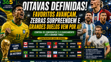 Arte da Rádio 365 apresenta os confrontos das oitavas de final da Copa do Mundo de 2026, destacando o caminho do Brasil, a eliminação da Alemanha, as principais zebras do torneio e os favoritos ao título.